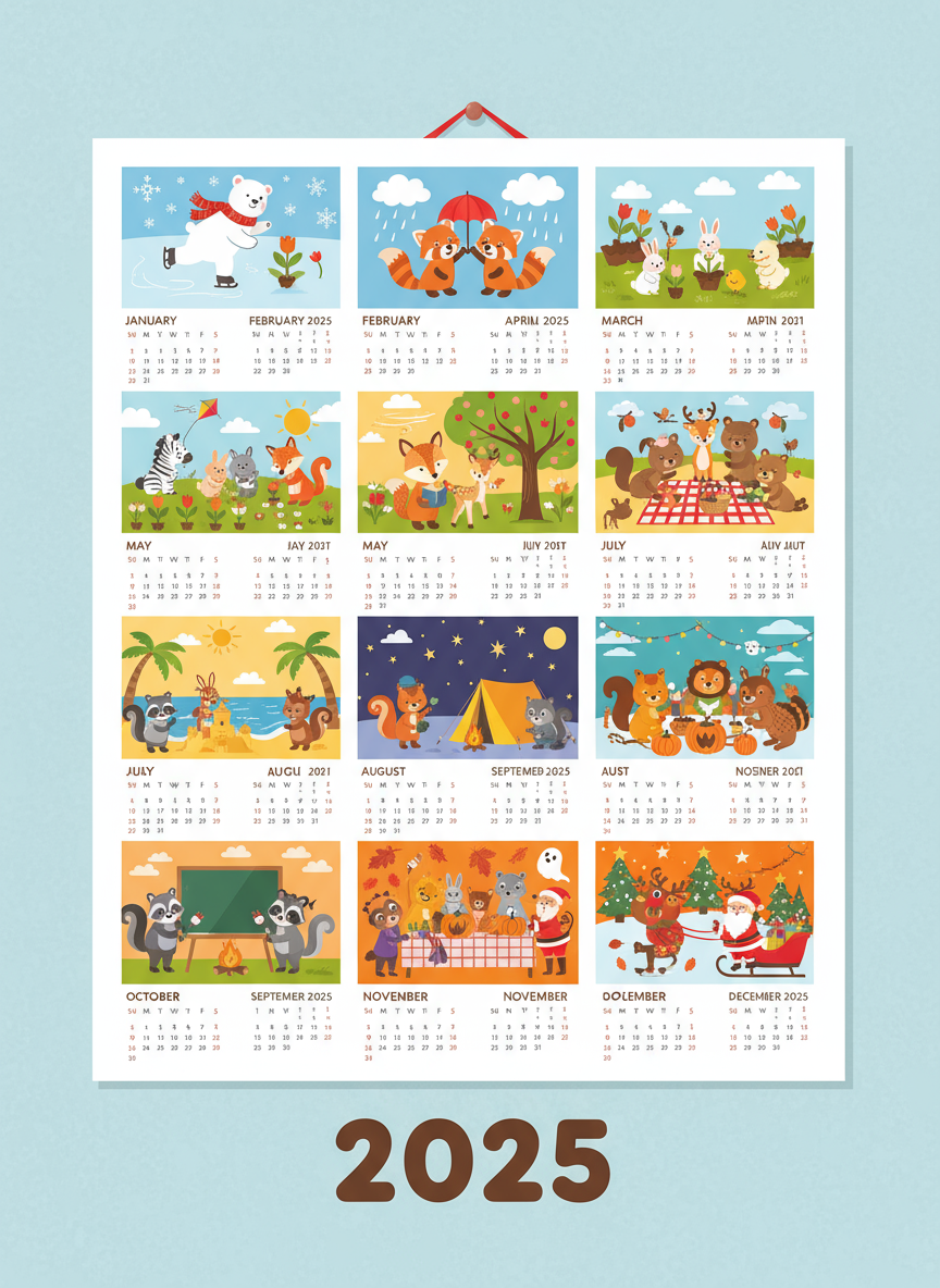 만화 동물 그림이 있는 즐거운 어린이용 2025년 달력.