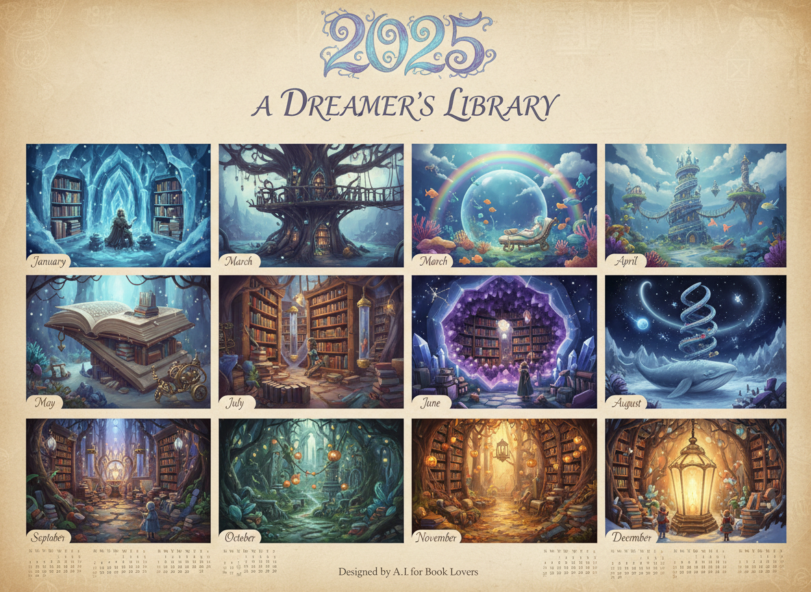 마법 같은 도서관을 특징으로 하는 책 애호가를 위한 몽환적인 2025년 달력.
