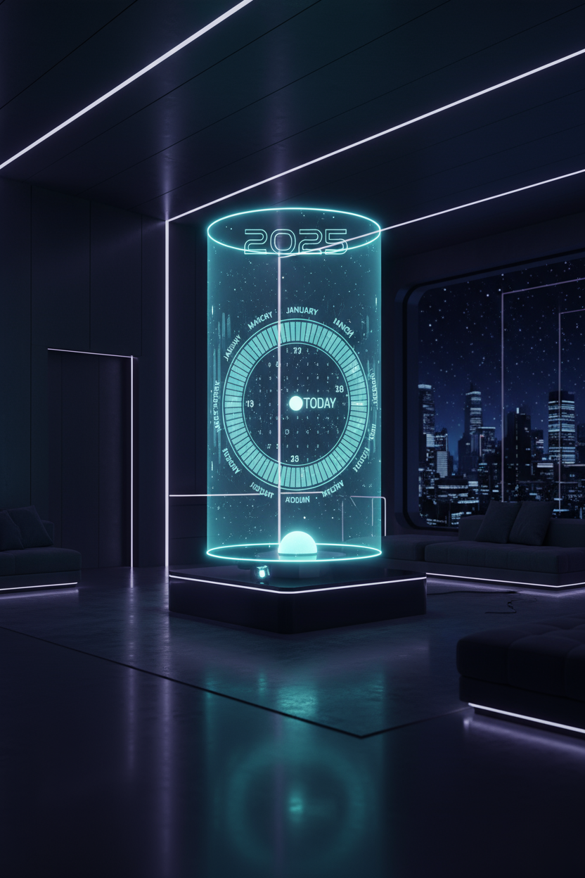 미래 지향적인 가정 환경에서 홀로그램 디스플레이로 떠 있는 개념적인 2025년 달력.