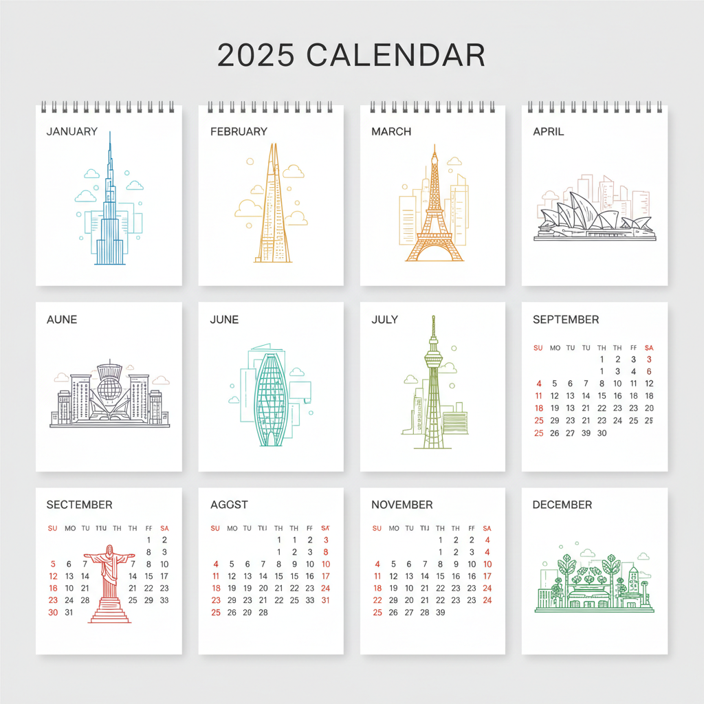 추상적인 도시 일러스트가 있는 현대적인 2025년 도시 풍경 달력.