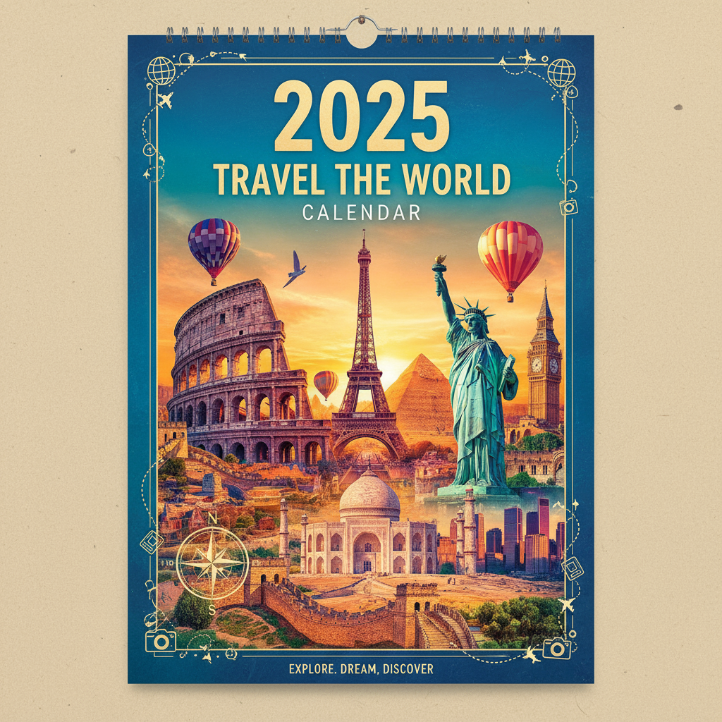 각 달마다 세계 유명 랜드마크나 목적지가 생생한 사진으로 표현된 여행 테마의 2025년 달력.