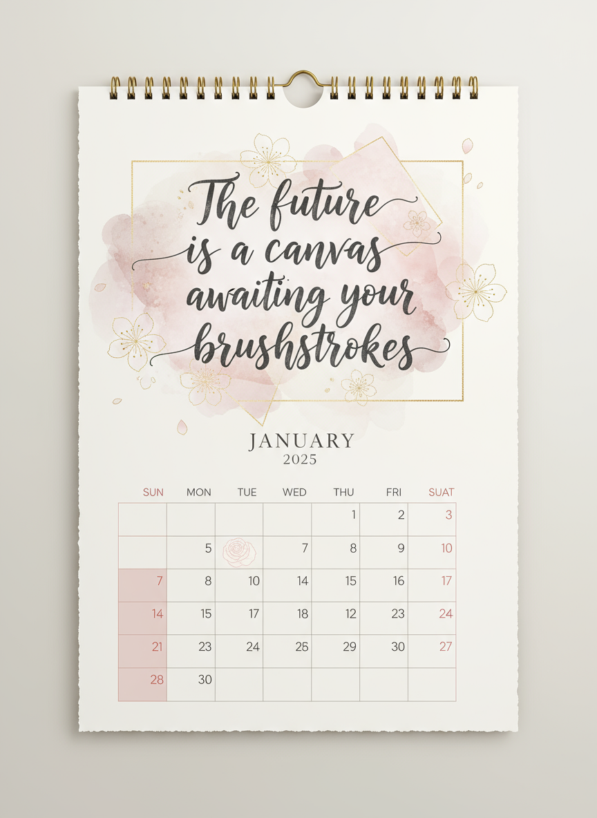 영감을 주는 인용문과 현대적인 서예가 담긴 우아한 2025년 달력.