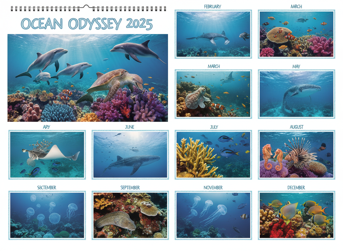 다양한 해양 생물과 다채로운 산호초를 담은 생생한 2025년 달력.