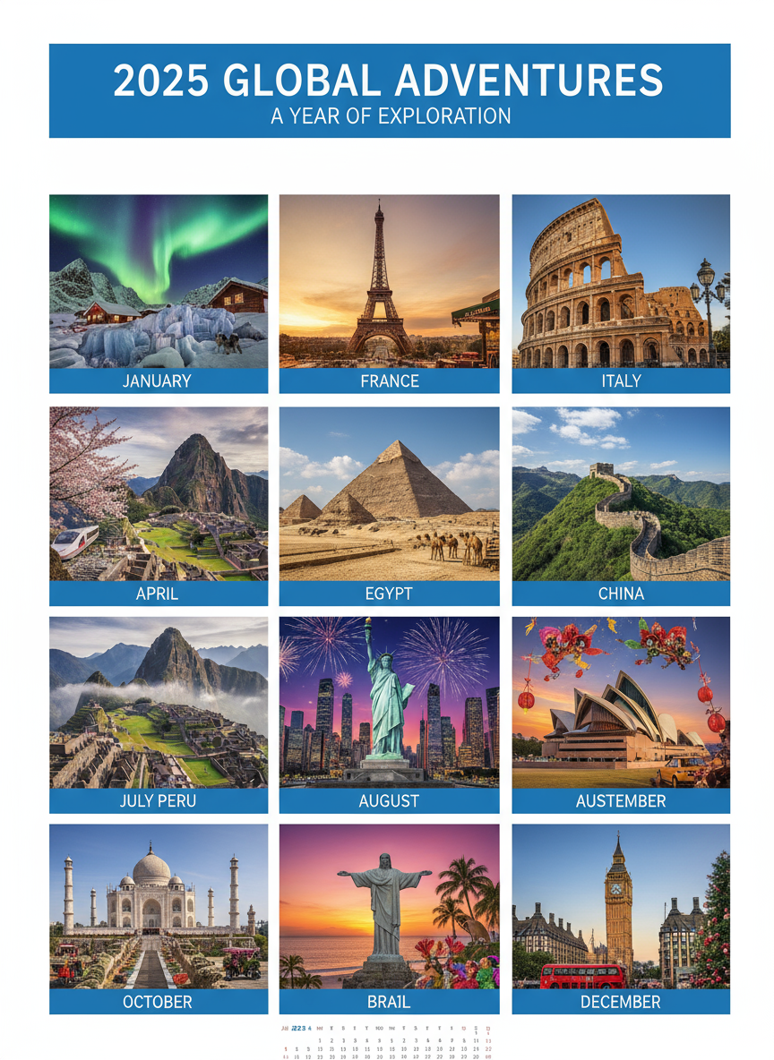 세계의 유명 랜드마크 사진이 담긴 멋진 2025년 여행 달력.