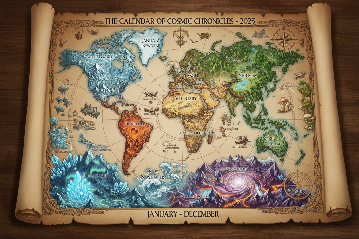 날짜가 지형에 삽입되어 지역별 주요 이벤트를 나타내는 환상적인 세계 지도 2025년 달력.