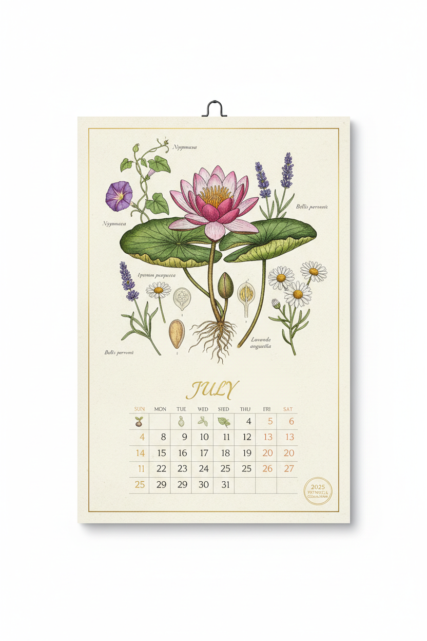 꽃과 식물의 섬세한 식물 삽화가 특징인 우아한 2025년 달력.