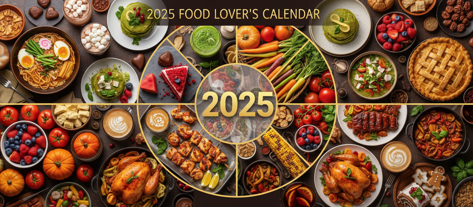 계절별 음식의 극사실적인 사진이 있는 음식 테마의 2025년 달력.