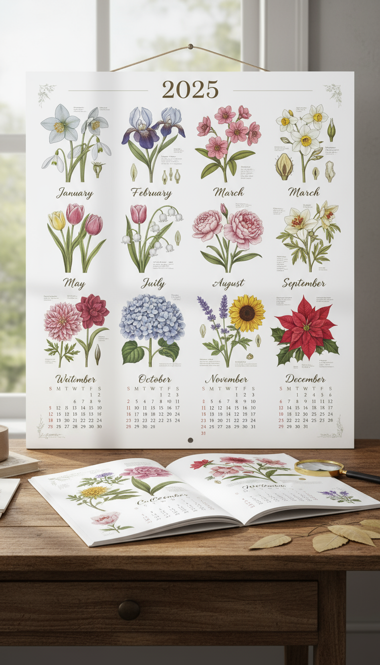 꽃과 식물의 사실적인 그림이 있는 2025년 식물 달력.