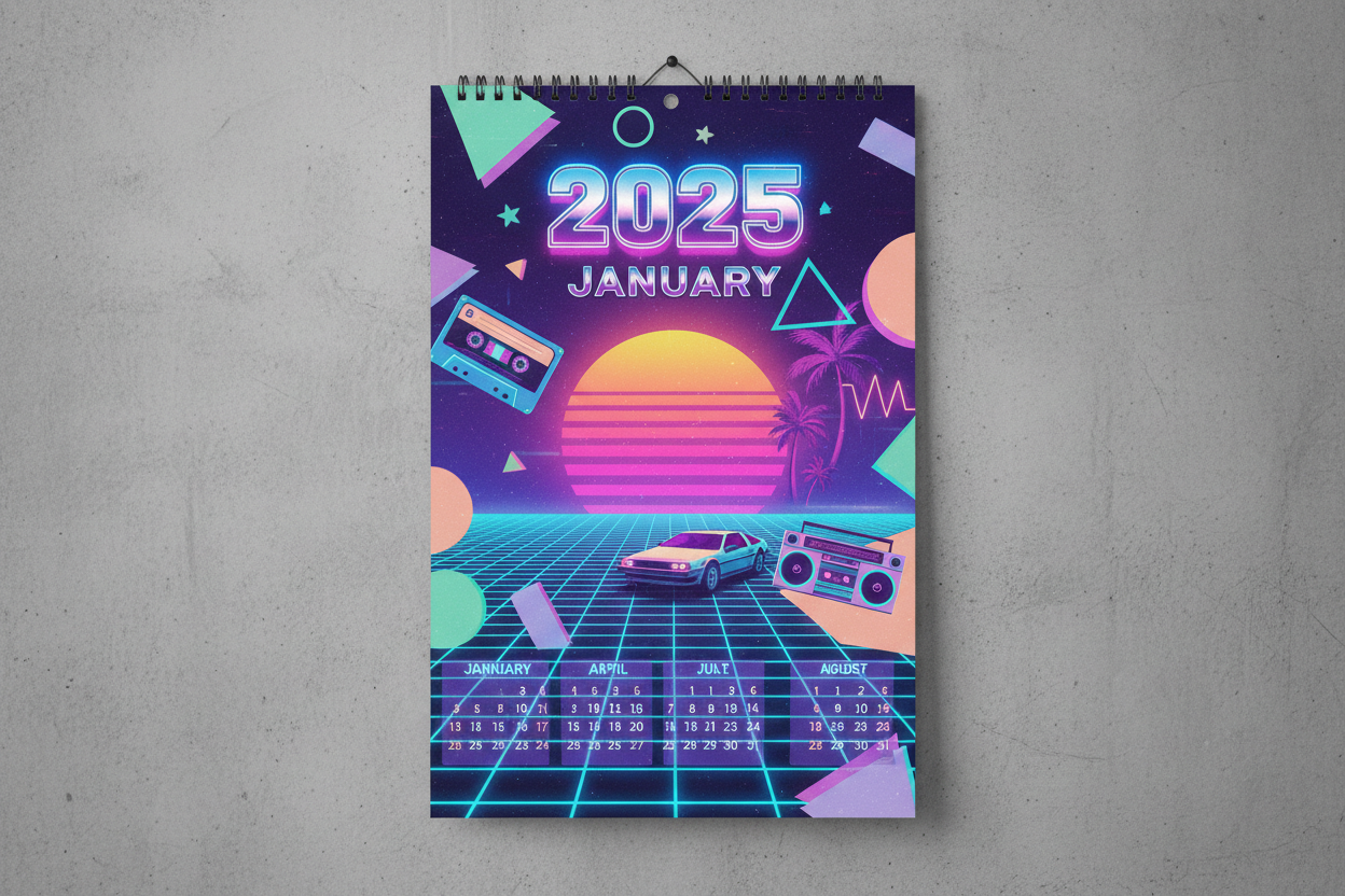 네온 색상과 신스웨이브 요소가 있는 1980년대 복고풍 테마의 2025년 달력.