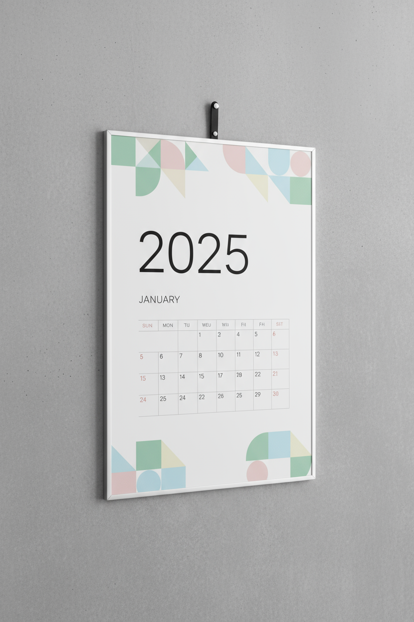 파스텔 기하학적 패턴이 있는 미니멀한 2025년 벽걸이 달력.