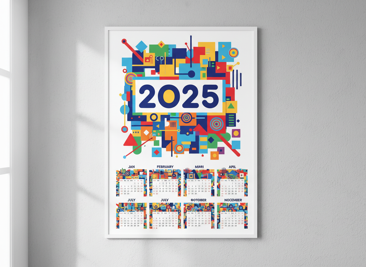 다채로운 겹쳐진 도형으로 구성된 유쾌한 기하학적 추상 2025년 달력.