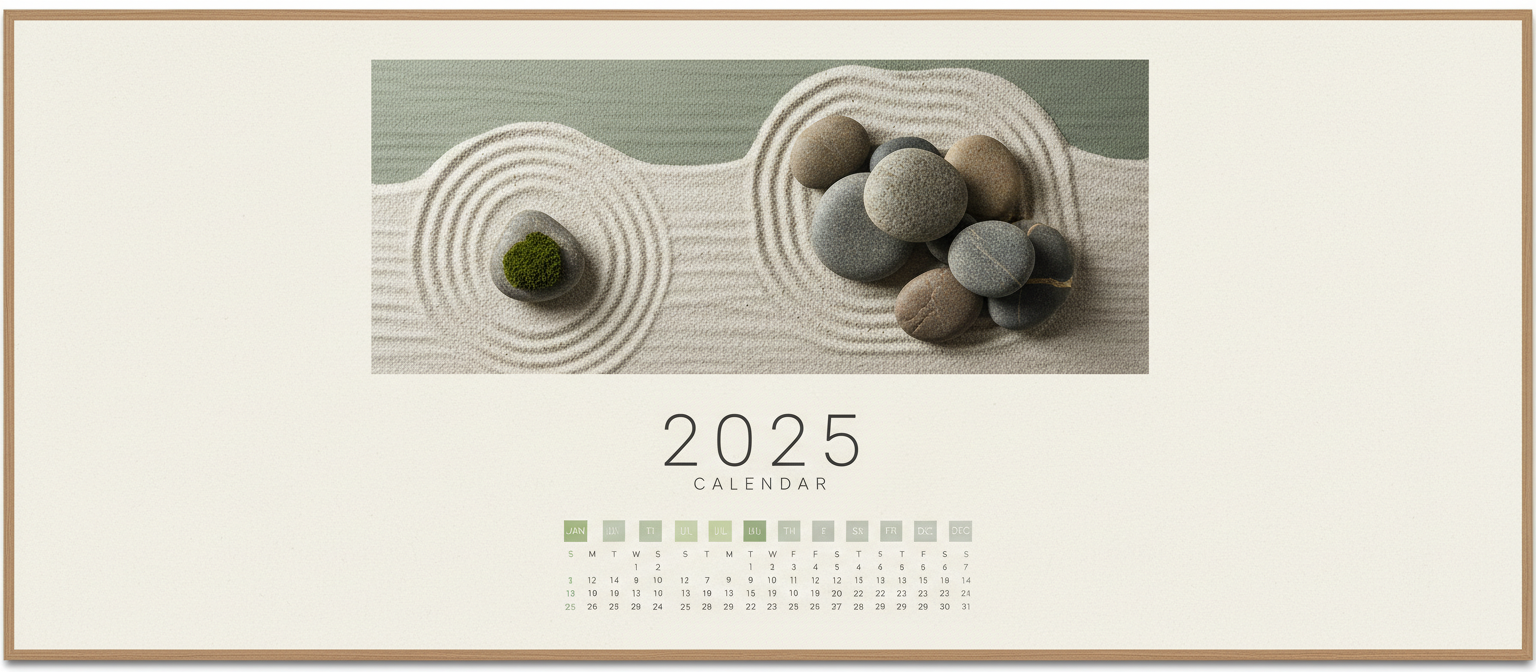 평온하고 차분한 색상으로 젠 가든에서 영감을 받은 2025년 달력.