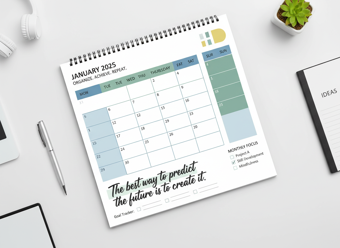 명확한 격자와 동기 부여 문구가 있는 생산성 중심의 2025년 달력 디자인.