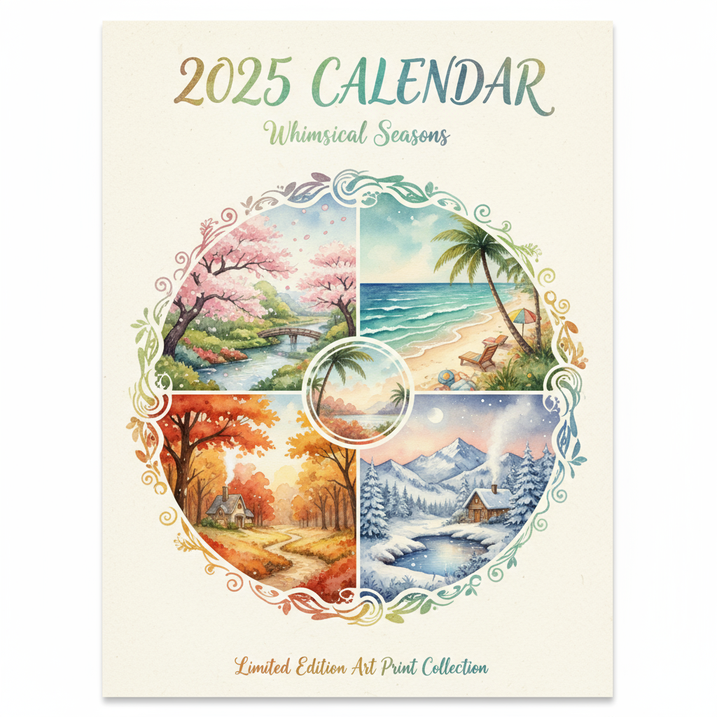 수채화 계절 풍경 그림이 있는 예술적인 2025년 달력.