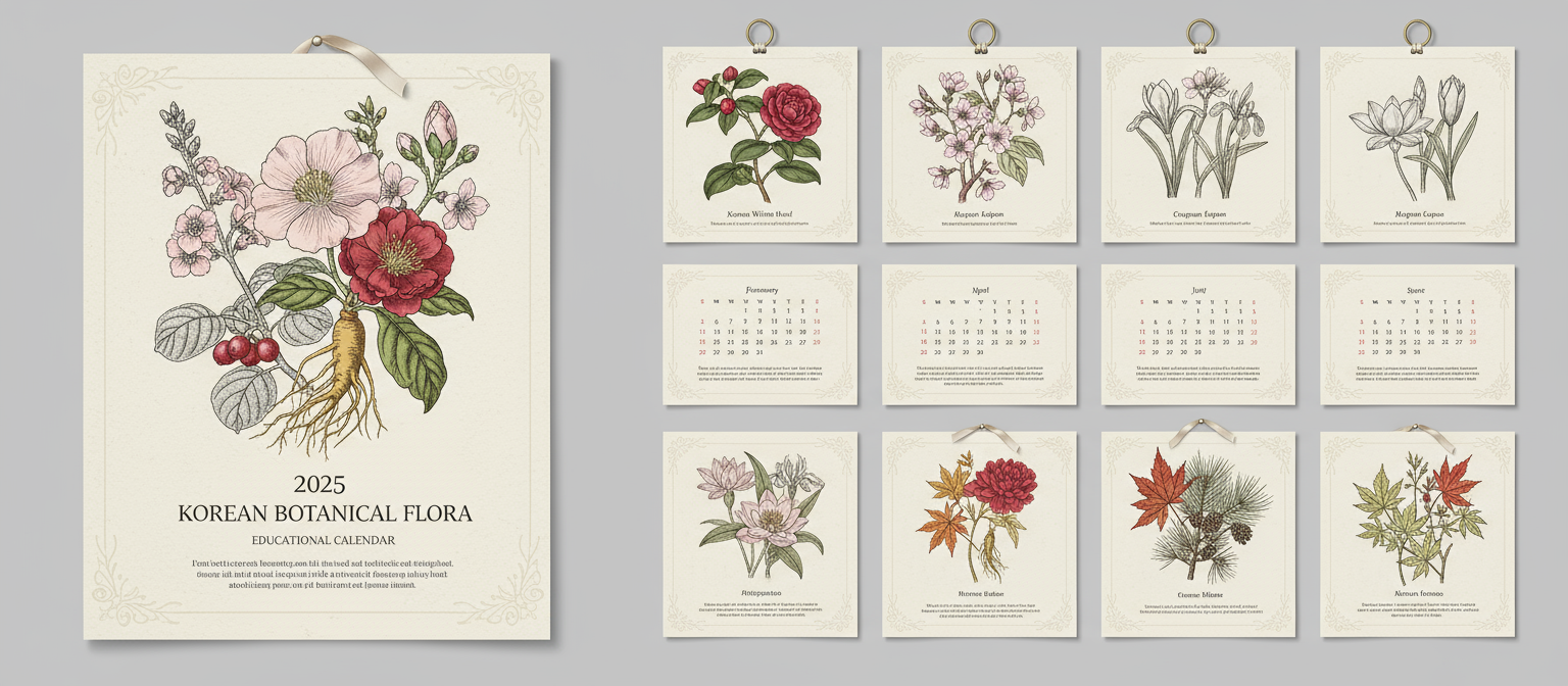다양한 식물과 꽃의 섬세한 그림이 특징인 정교한 2025년 식물 달력.