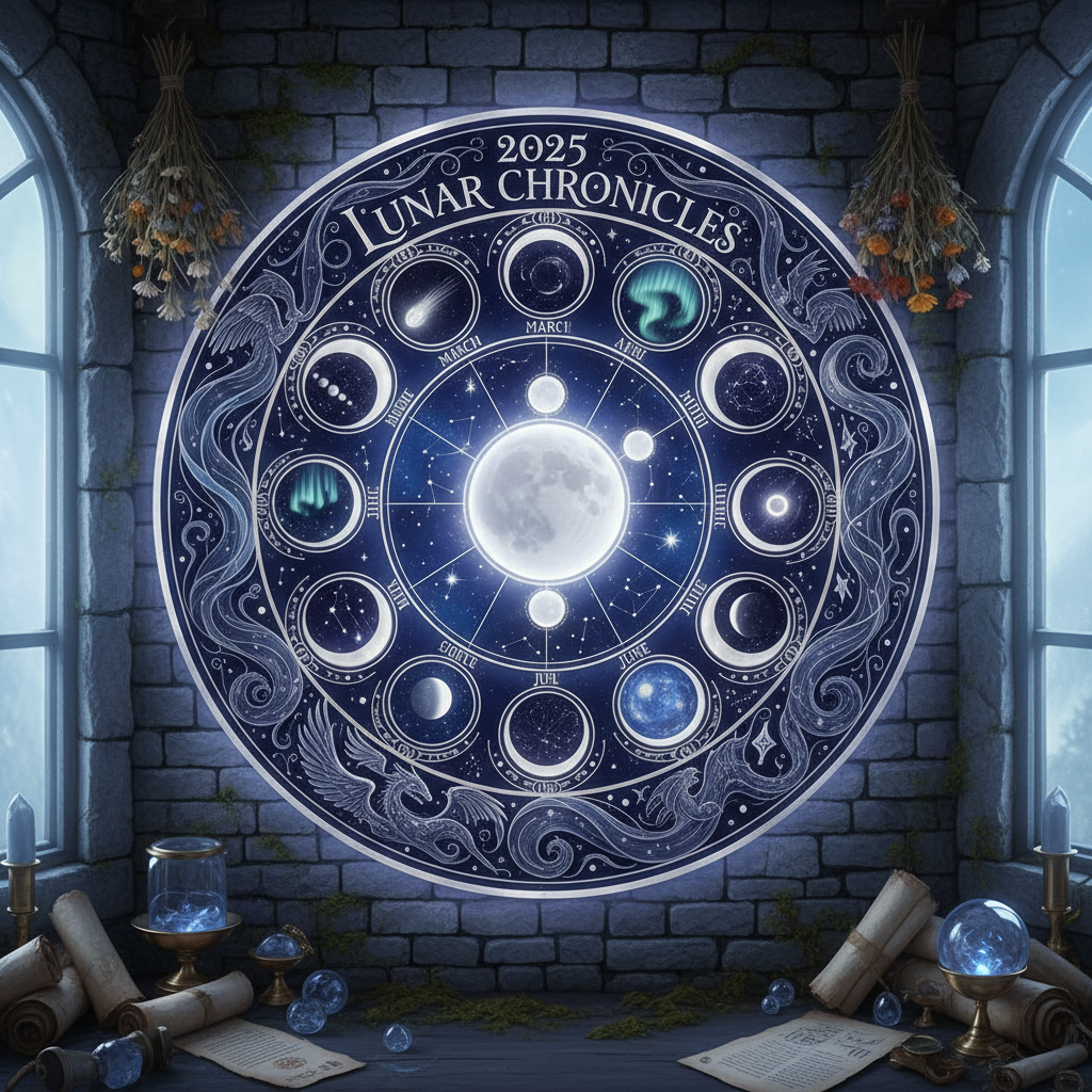 달의 위상과 천문학적 현상이 아름답게 그려진 고요하고 신비로운 2025년 음력 달력.
