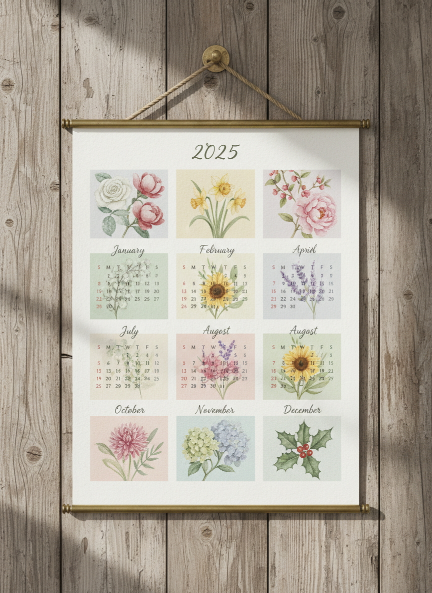 부드러운 수채화 꽃무늬로 수작업으로 그려진 2025년 벽걸이 달력.
