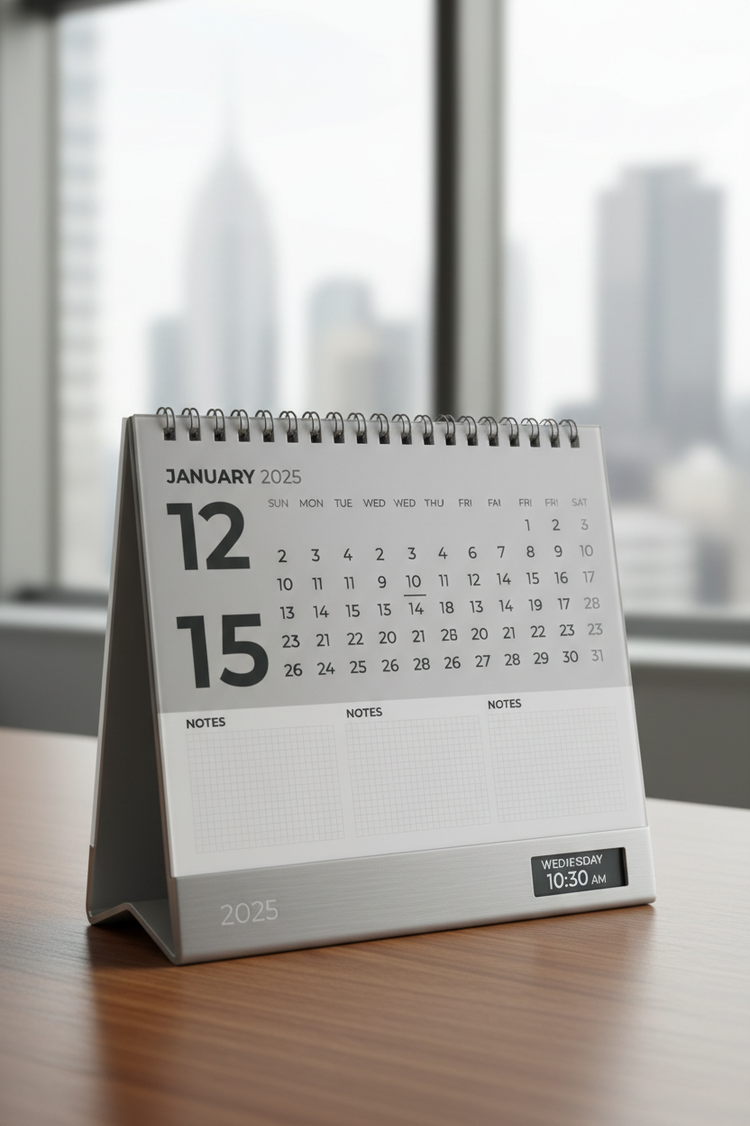 깔끔한 타이포그래피와 메모 공간이 있는 전문적이고 세련된 모노크롬 색상의 2025년 기업용 달력.