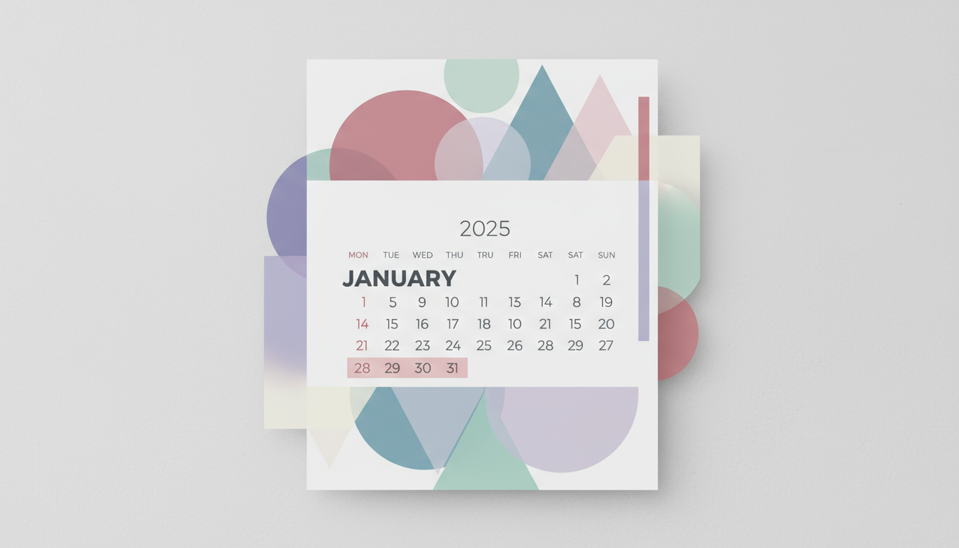 기하학적 도형과 파스텔 색상을 사용한 모던하고 추상적인 2025년 달력.