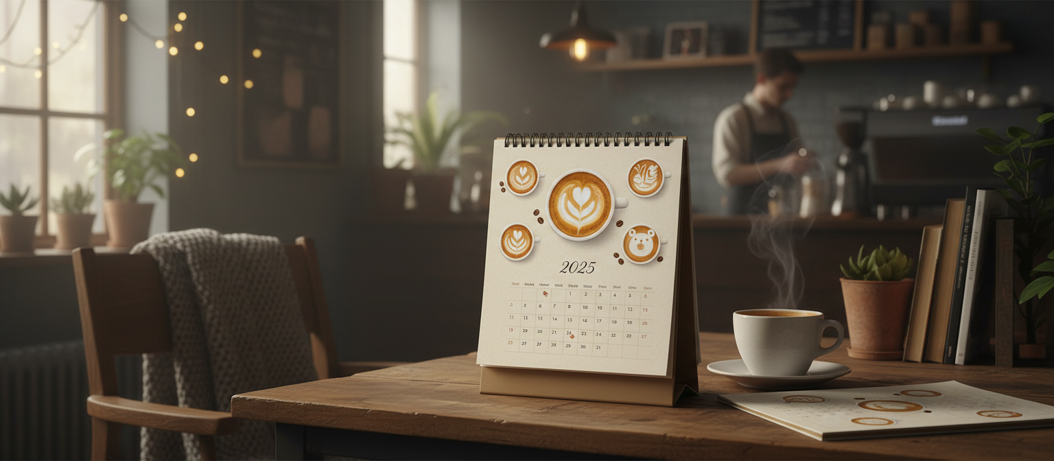 따뜻한 커피숍 분위기에서 라떼 아트 일러스트레이션이 있는 2025년 달력.