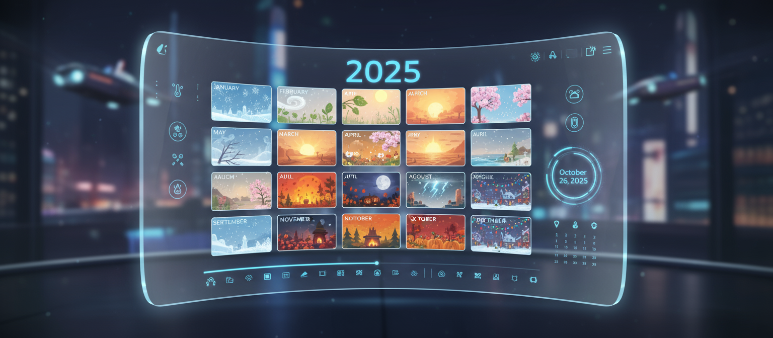 날씨 변화나 계절 전환을 미묘한 모션 그래픽으로 보여주는 디지털 화면의 2025년 애니메이션 달력.