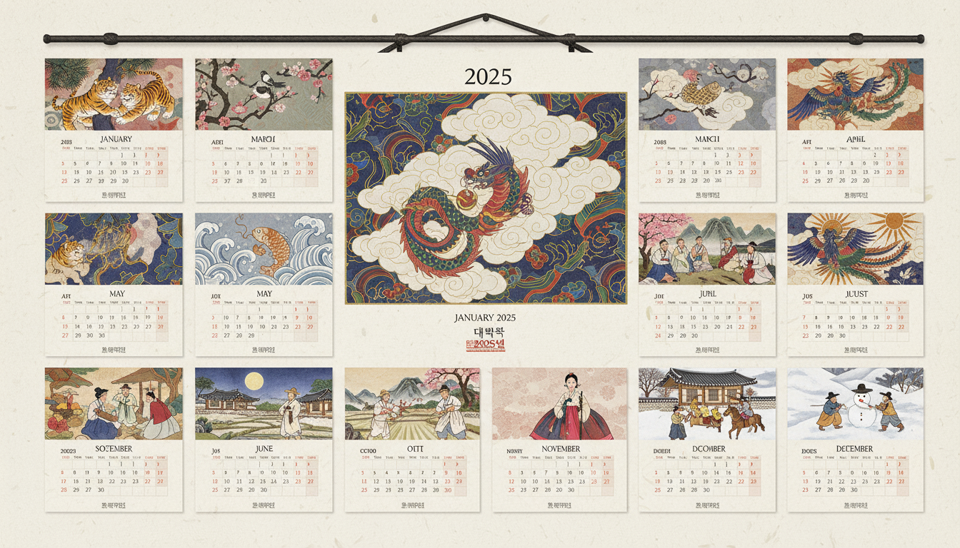 전통 한국 문양과 민화 요소를 결합한 2025년 달력.