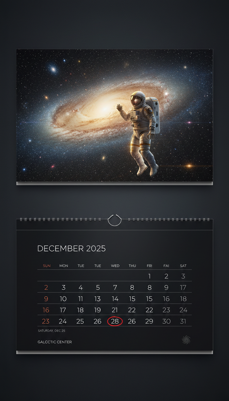 우주와 천체를 탐험하는 우주비행사를 담은 2025년 달력.