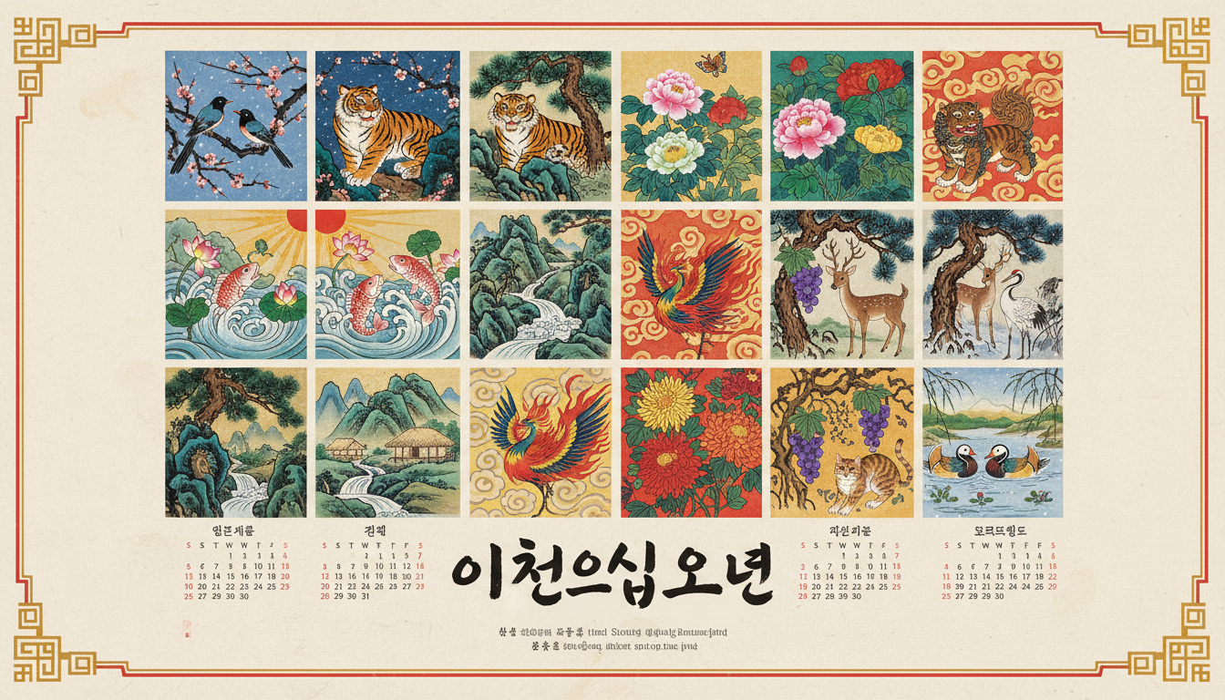 길조 상징이 담긴 한국 전통 민화 스타일의 2025년 달력.