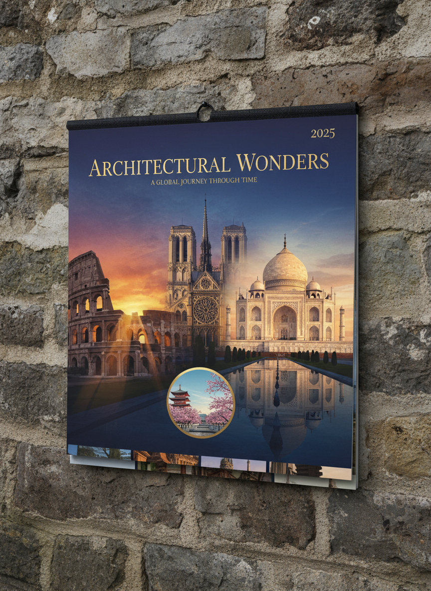 세계의 유명 건축물을 전시하는 웅장한 2025년 달력.