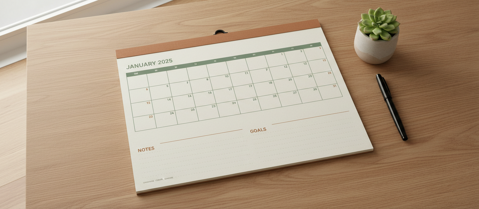 메모와 목표를 위한 공간이 충분한 미니멀한 2025년 탁상 플래너 달력.