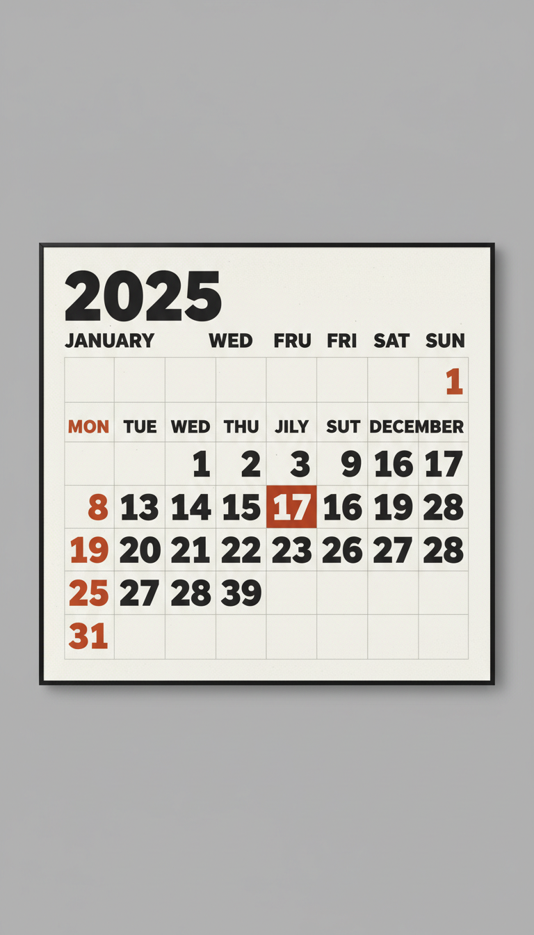 굵은 서체와 단색 구성을 특징으로 하는 미니멀리스트 2025년 달력.