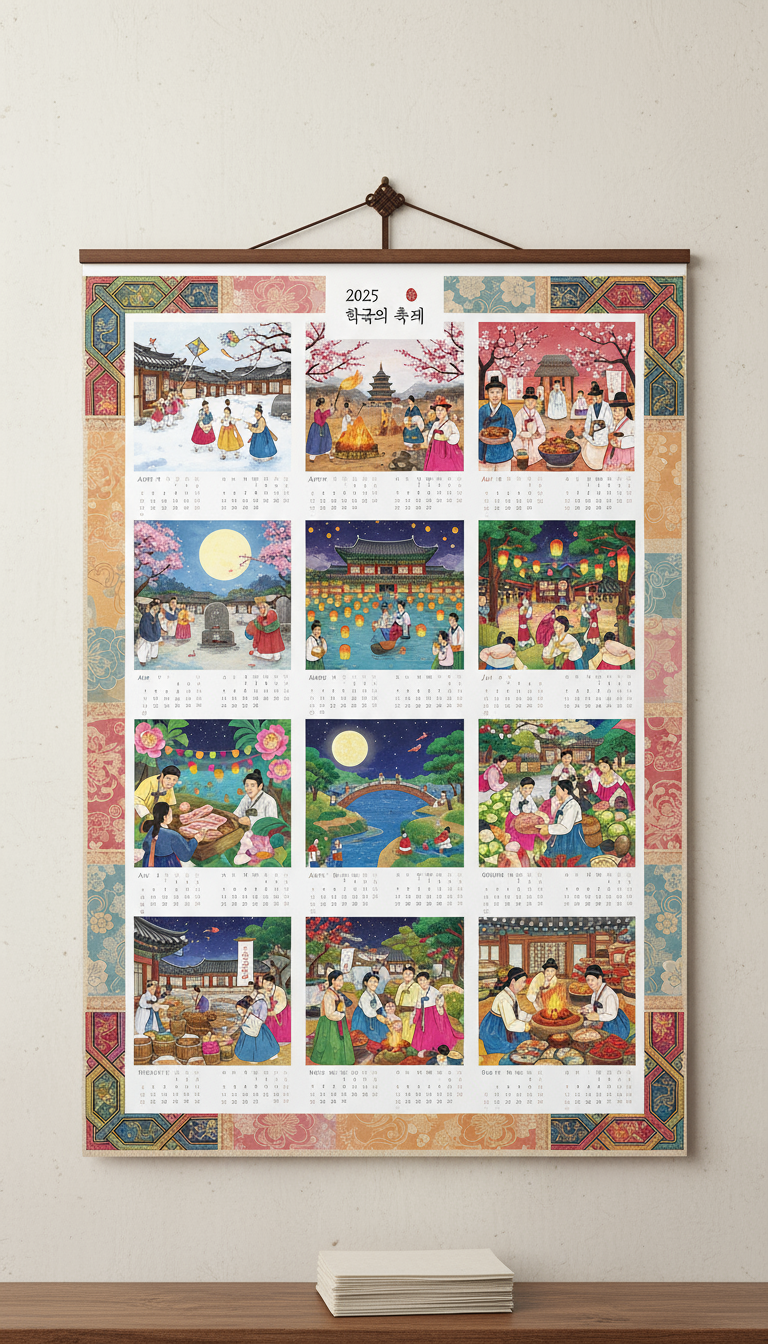 한복 문양이나 전통 건축물과 같은 한국적인 요소로 디자인된 2025년 달력으로, 계절별 축제를 묘사합니다.