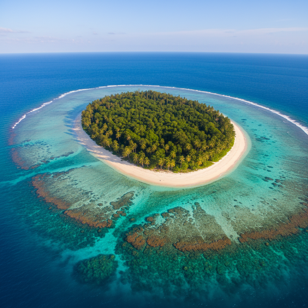 하얀 모래사장, 청록색 바다, 무성한 녹색 열대우림이 있는 열대 섬의 숨막히는 4K 항공 사진 배경화면.