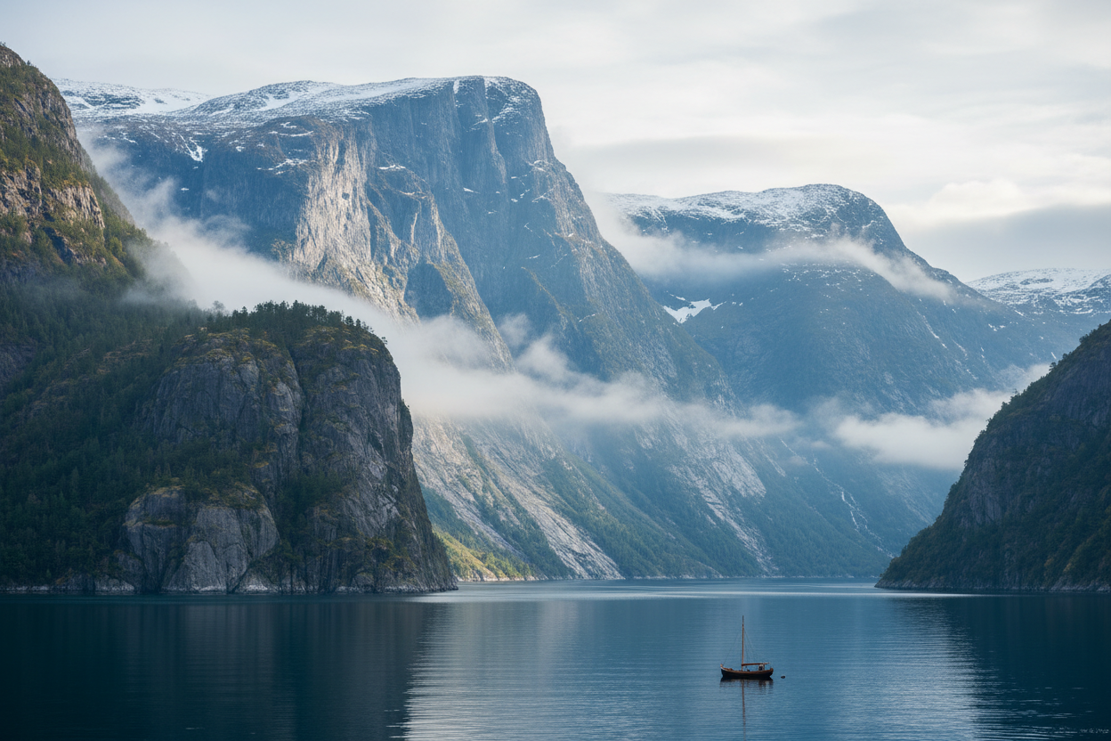 우뚝 솟은 절벽과 잔잔한 푸른 물이 특징인 드라마틱한 북유럽 피요르드 4K 배경화면.
