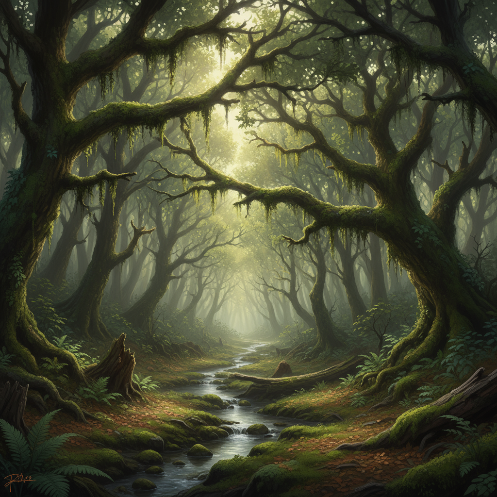 울창한 숲 캐노피를 뚫고 들어오는 햇살, 옅은 안개, 이끼 덮인 나무들이 어우러진 고요한 숲 풍경의 4K 배경화면입니다.