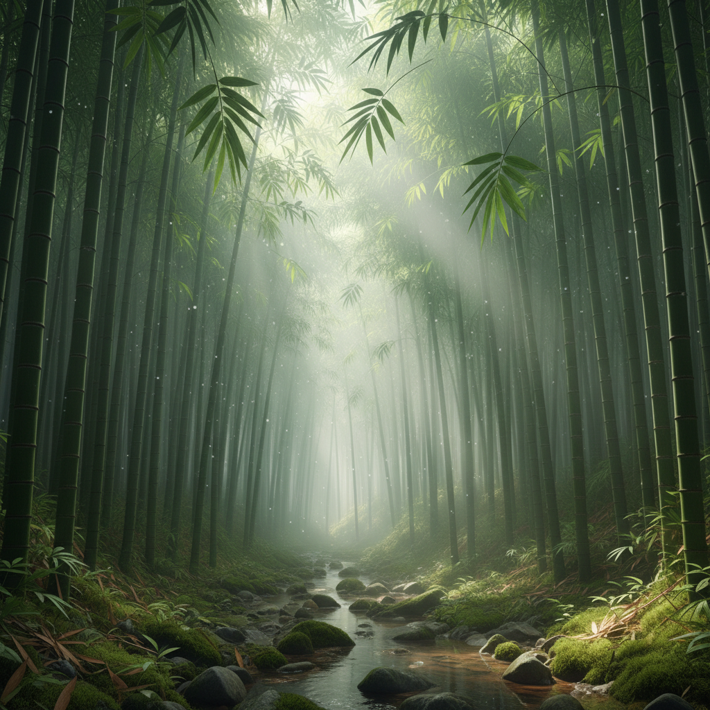 안개 낀 대나무 숲의 고요한 4K 배경화면, 높은 대나무 사이로 부드러운 빛이 스며들고 잎사귀에 이슬이 맺혀 있습니다.