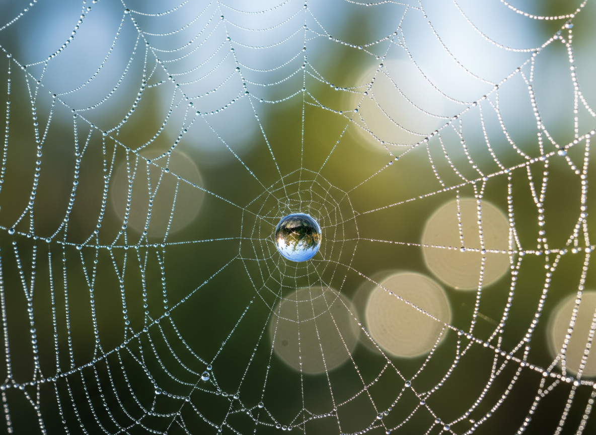 거미줄 위에 완벽하게 앉아있는 이슬방울의 정교한 4K 매크로 사진으로, 아름다운 보케 배경이 특징입니다.
