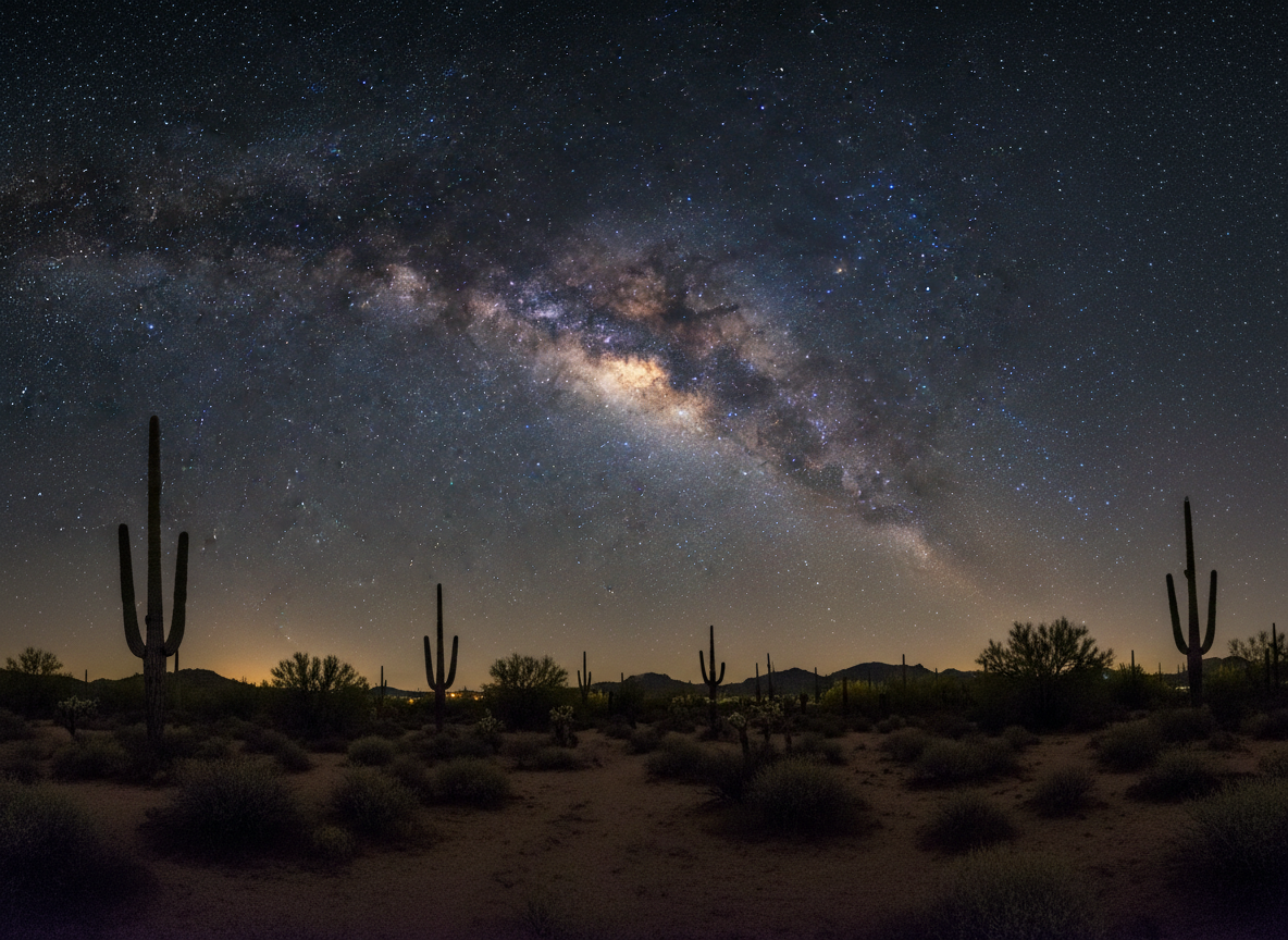 빛나는 은하수가 별이 가득한 밤하늘을 가로지르고 선인장 실루엣이 드리워진 사막 풍경의 숨 막히는 4K 천문 사진 배경화면입니다.