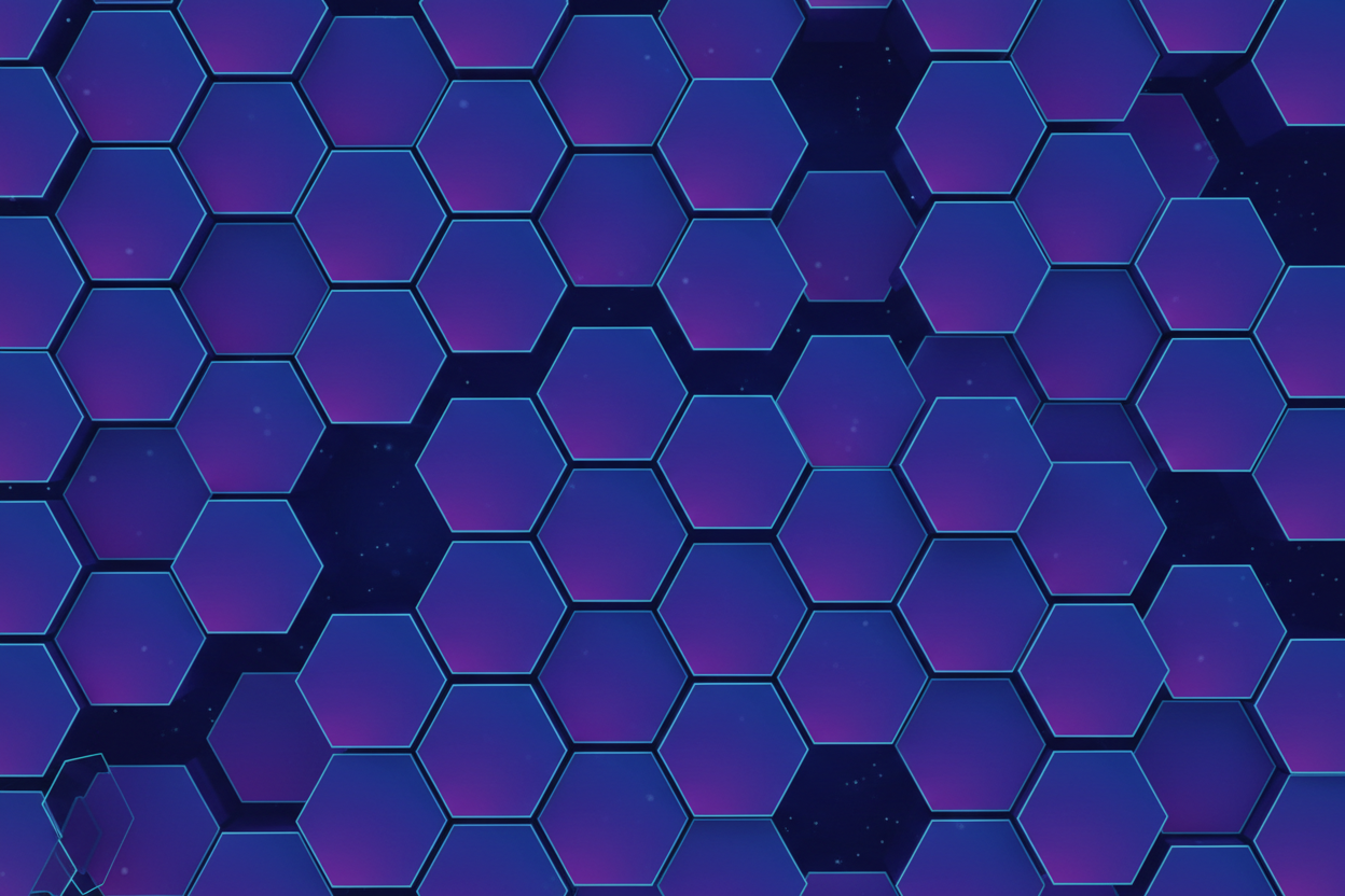 서로 연결된 육각형 모양의 기하학적 패턴과 차가운 파란색 및 보라색 그라데이션이 있는 세련된 4K 배경화면.