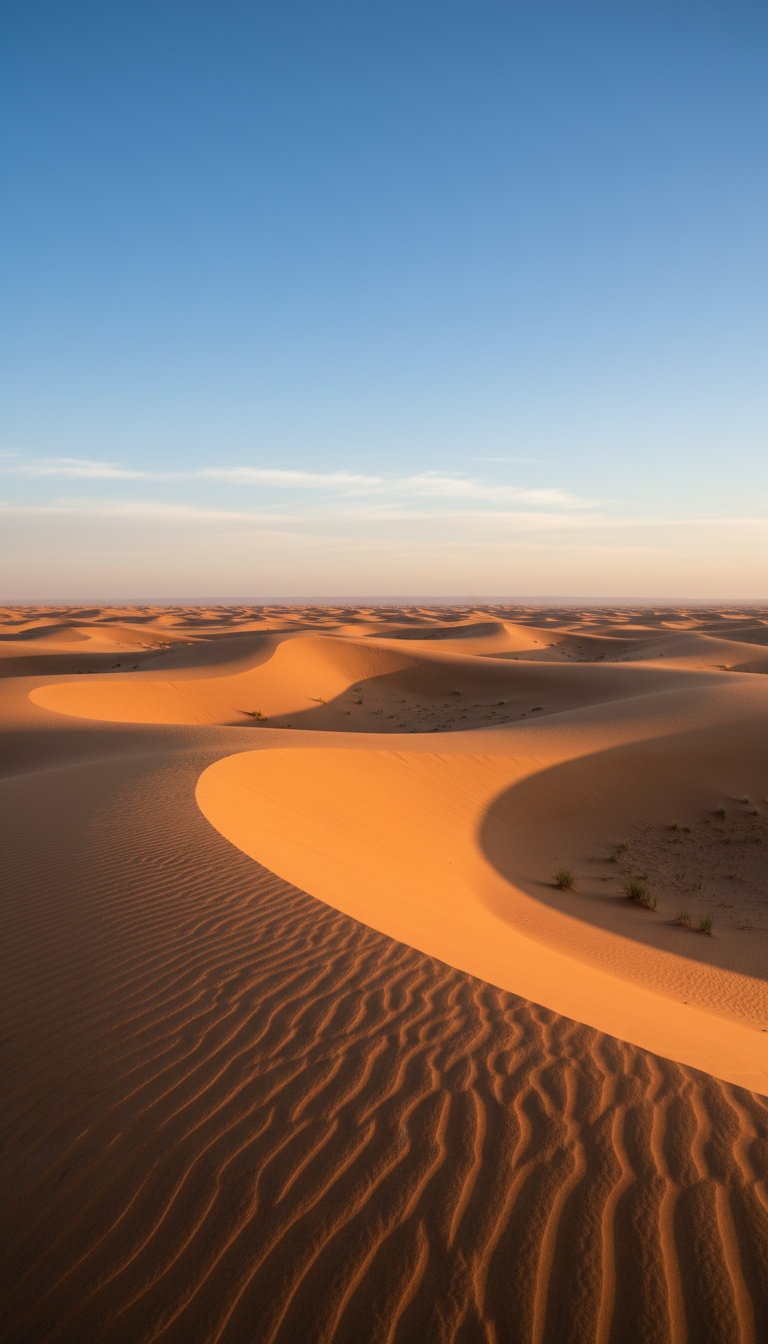 낮은 태양 아래 부드러운 곡선과 그림자가 드리워진 황금빛 사막 언덕 4K 배경화면.