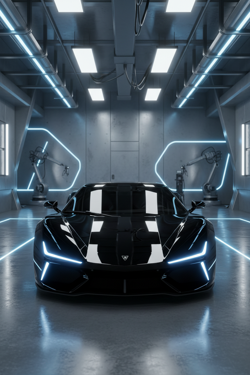 미래적인 차고에 주차된 세련된 검은색 스포츠카, 날카로운 선과 빛나는 헤드라이트의 4K 배경화면.