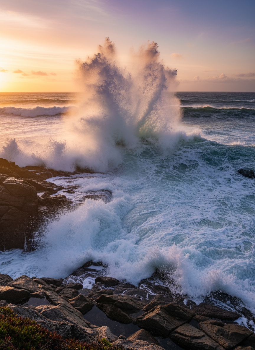 해 질 녘 거친 해안에 부딪히며 물보라를 일으키는 강력한 파도를 담은 드라마틱한 4K 배경화면입니다.