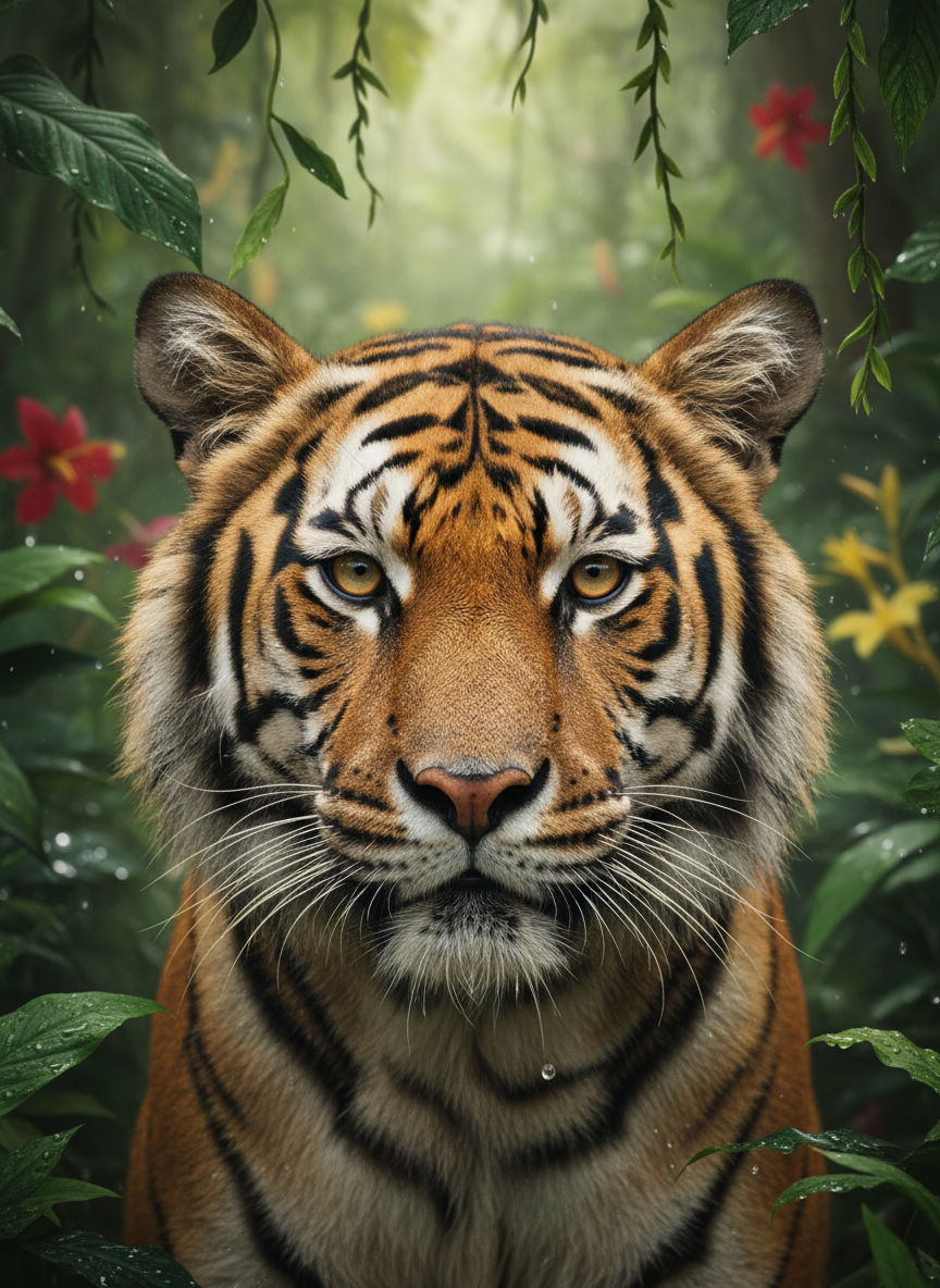 강렬한 눈빛과 섬세한 털을 가진 웅장한 호랑이의 클로즈업, 포토리얼리즘 4K 배경화면.