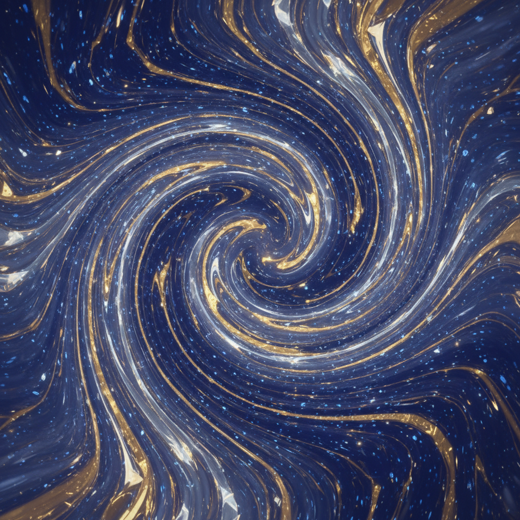 깊은 파랑, 반짝이는 금, 은색의 소용돌이치는 패턴이 액체 금속이나 우주 먼지를 연상시키는 추상적인 4K 배경화면.