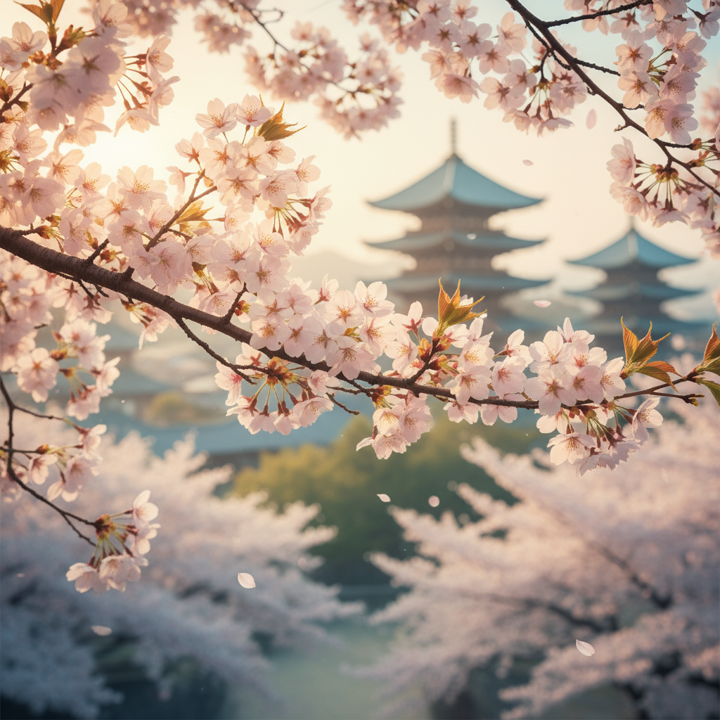 섬세한 꽃잎이 있는 벚꽃 가지와 희미한 일본 사원 배경이 어우러진 생생한 4K 배경화면.