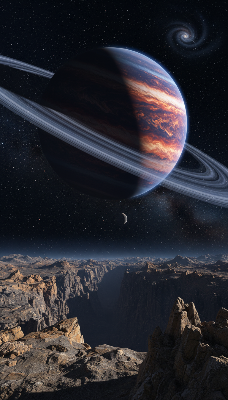 암석 전경, 먼 별이 빛나는 심우주, 고해상도로 묘사된 드라마틱한 고리 행성의 4K 배경화면.