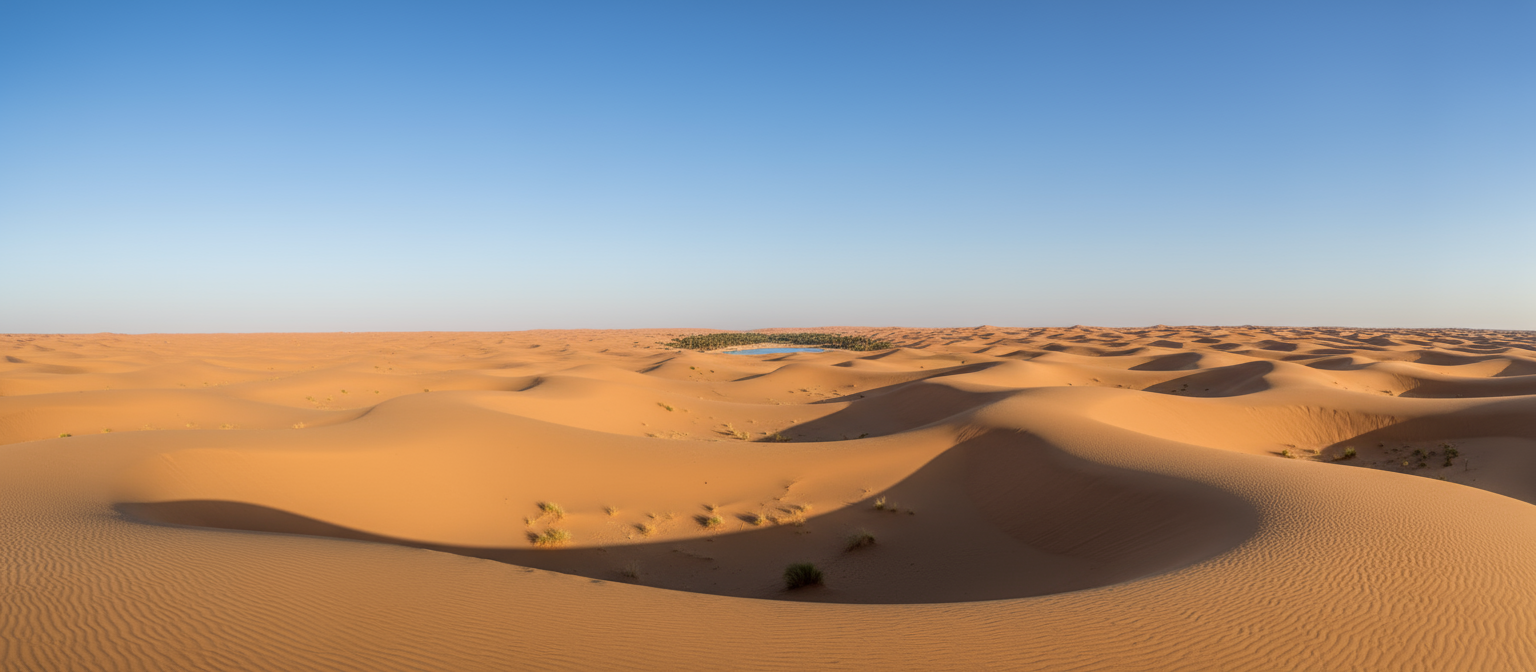 푸른 하늘 아래 끝없이 펼쳐진 사막 풍경의 평온한 4K 배경화면, 완만한 모래 언덕, 부드러운 그림자.