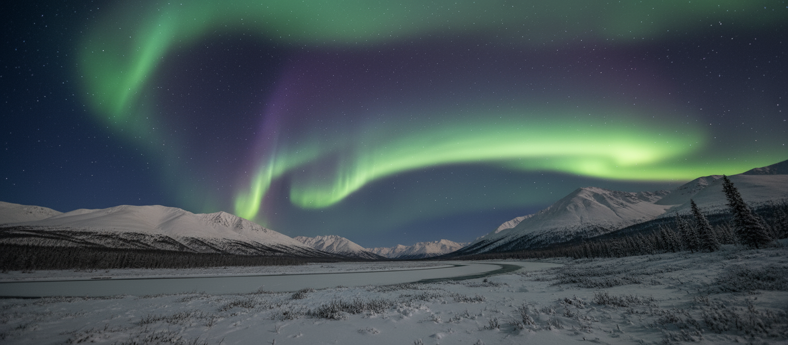 눈 덮인 풍경 위로 별이 빛나는 밤하늘에 춤추는 마법 같은 오로라 4K 배경화면.