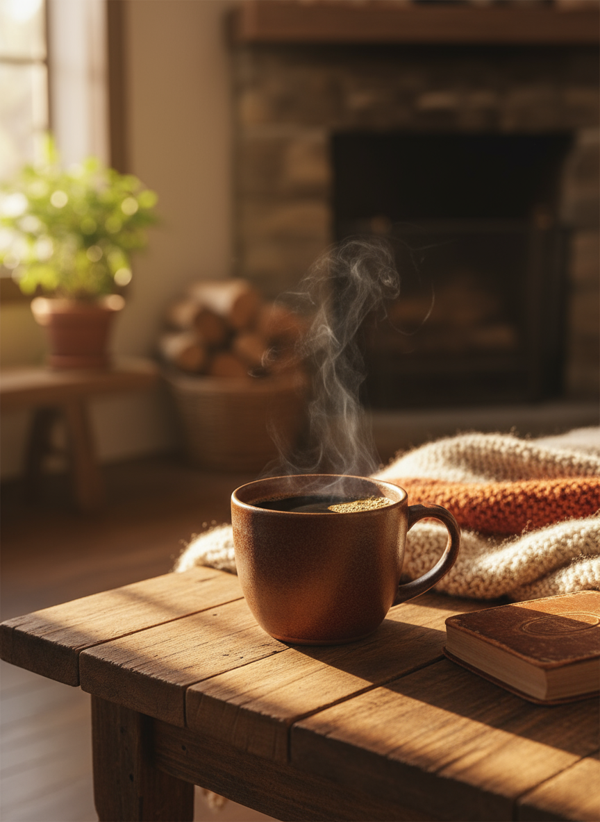 나무 테이블 위에 놓인 김이 나는 따뜻한 커피 한 잔과 아침 햇살이 비치는 아늑한 분위기의 4K 배경화면.