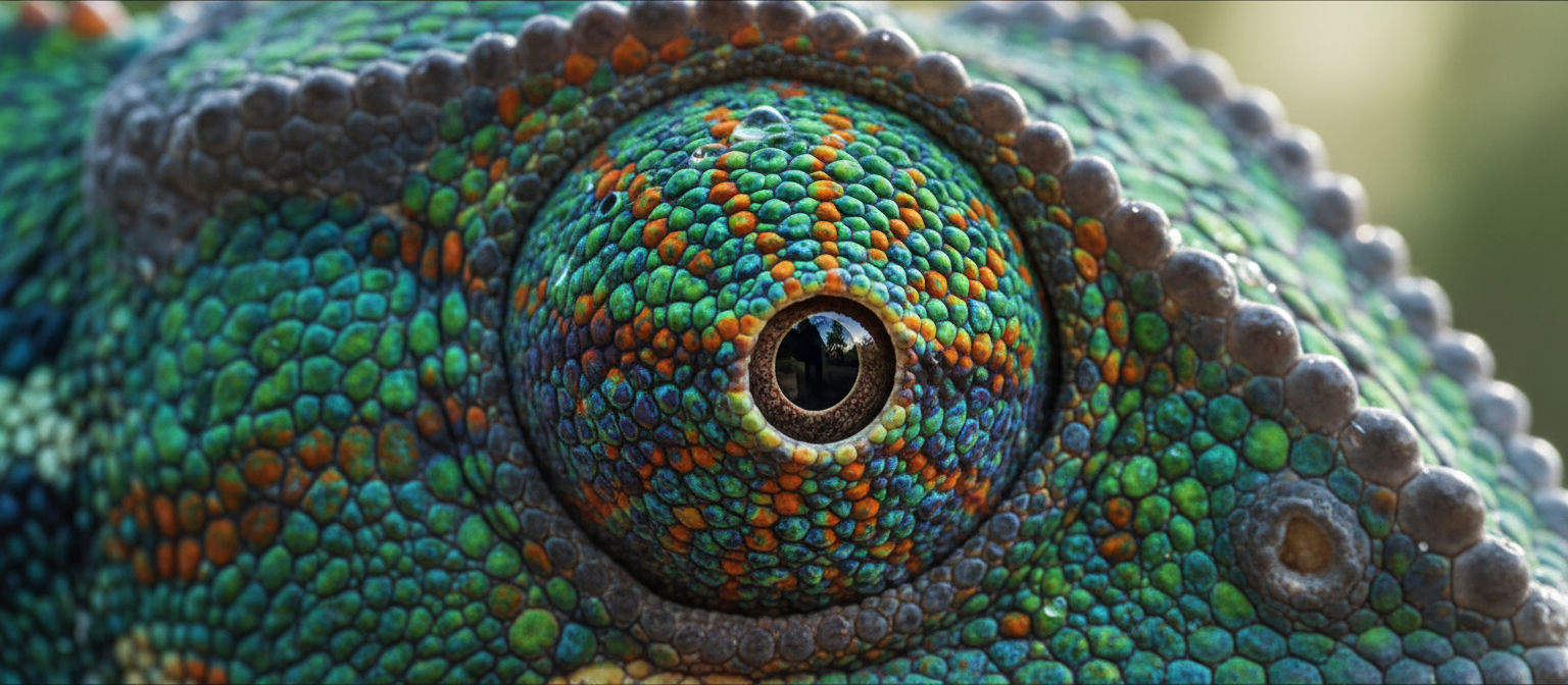 카멜레온 눈의 근접 촬영을 특징으로 하는 생생한 4K 배경화면, 복잡한 비늘, 생생한 색상 변화 패턴.